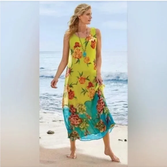 Soft Surroundings Dress Womens Medium Floral Sheath Sleeveless Crinkle Maxi Long - Picture 2 of 11